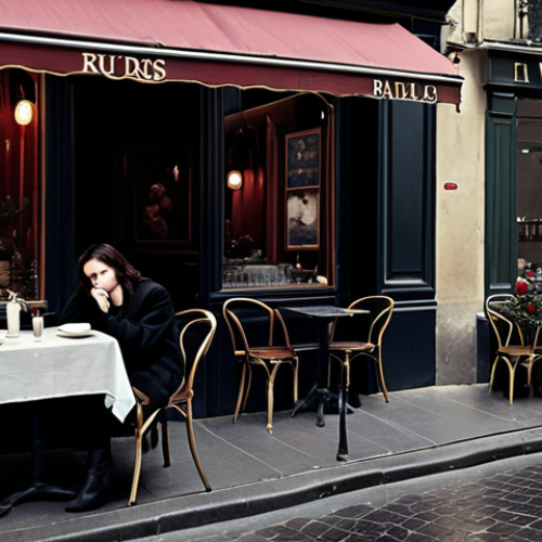 **A Parisian cafe scene inspired by Baudelaire's "Les Fleurs du Mal".** Focus on a melancholic yet beautiful atmosphere, with dark colors, symbolic flowers (like wilting roses), and a lone figure contemplating life. Capture the essence of French symbolism and poetic imagery.
