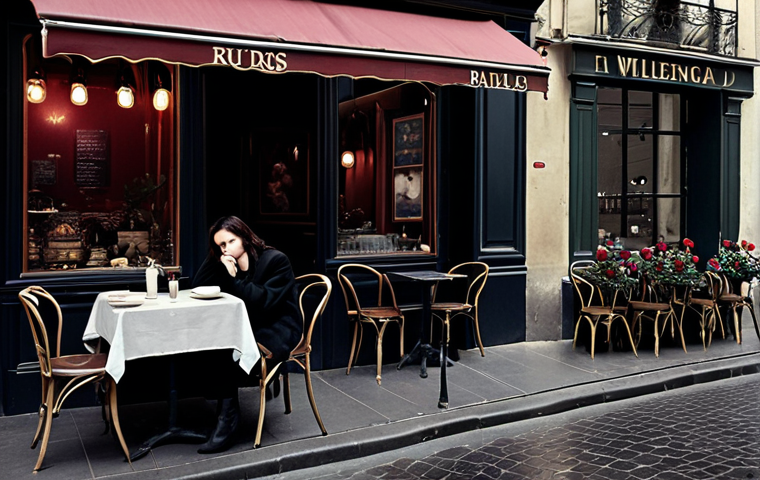 **A Parisian cafe scene inspired by Baudelaire's "Les Fleurs du Mal".** Focus on a melancholic yet beautiful atmosphere, with dark colors, symbolic flowers (like wilting roses), and a lone figure contemplating life. Capture the essence of French symbolism and poetic imagery.